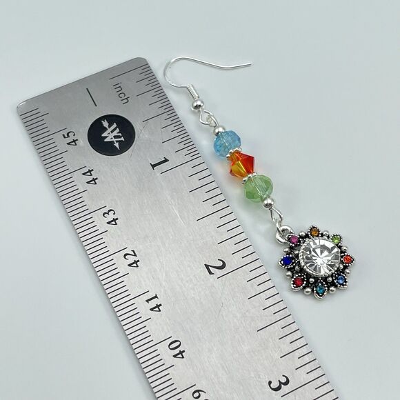 Sterling Silver Plated Multi Color Beaded Flower Rhinestone Dangle Earrings Boho - Picture 8 of 8